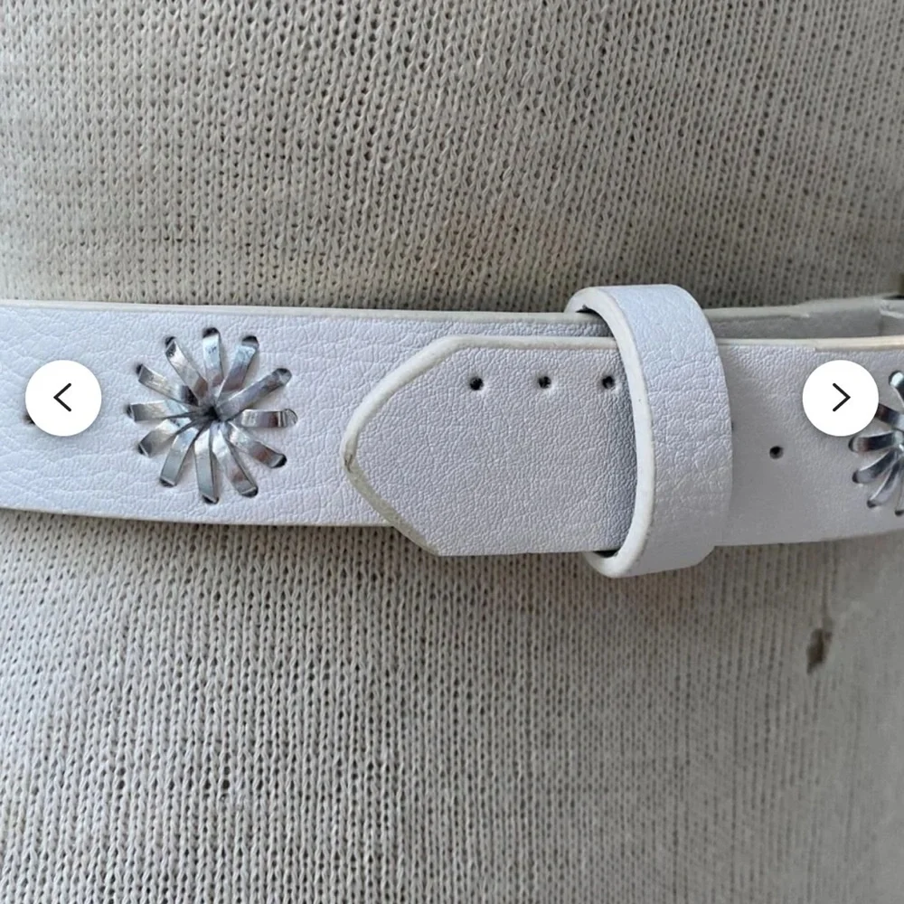 White Belt, Vintage Hole Patterned Belt, Silver Tone Buckle